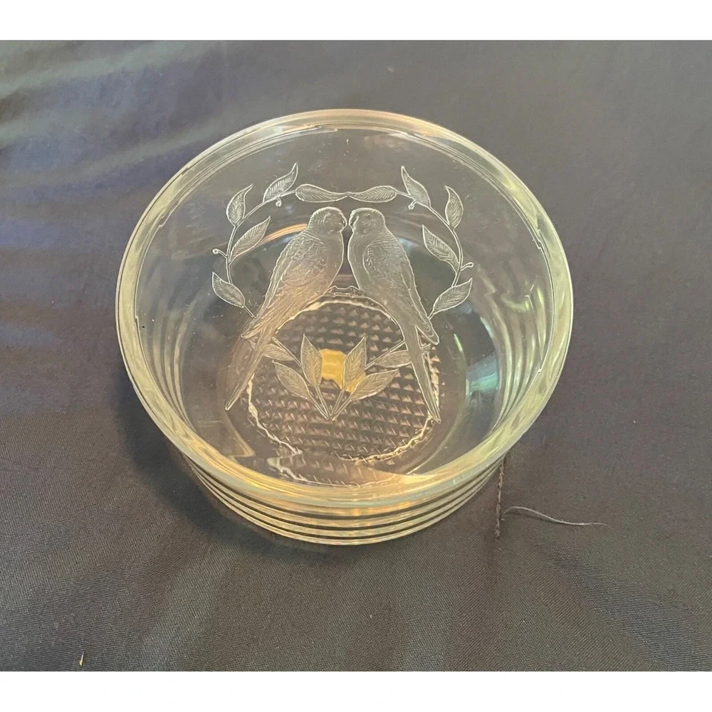 Henco Cherishables Clear Acrylic Trinket Box Engraved Parakeets Vine Heart w/box